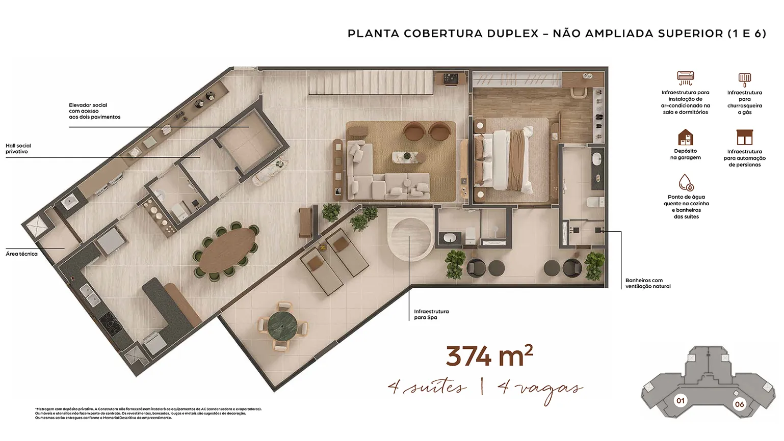 Planta Cobertura Duplex — Superior (1 e 6) — 374 m²